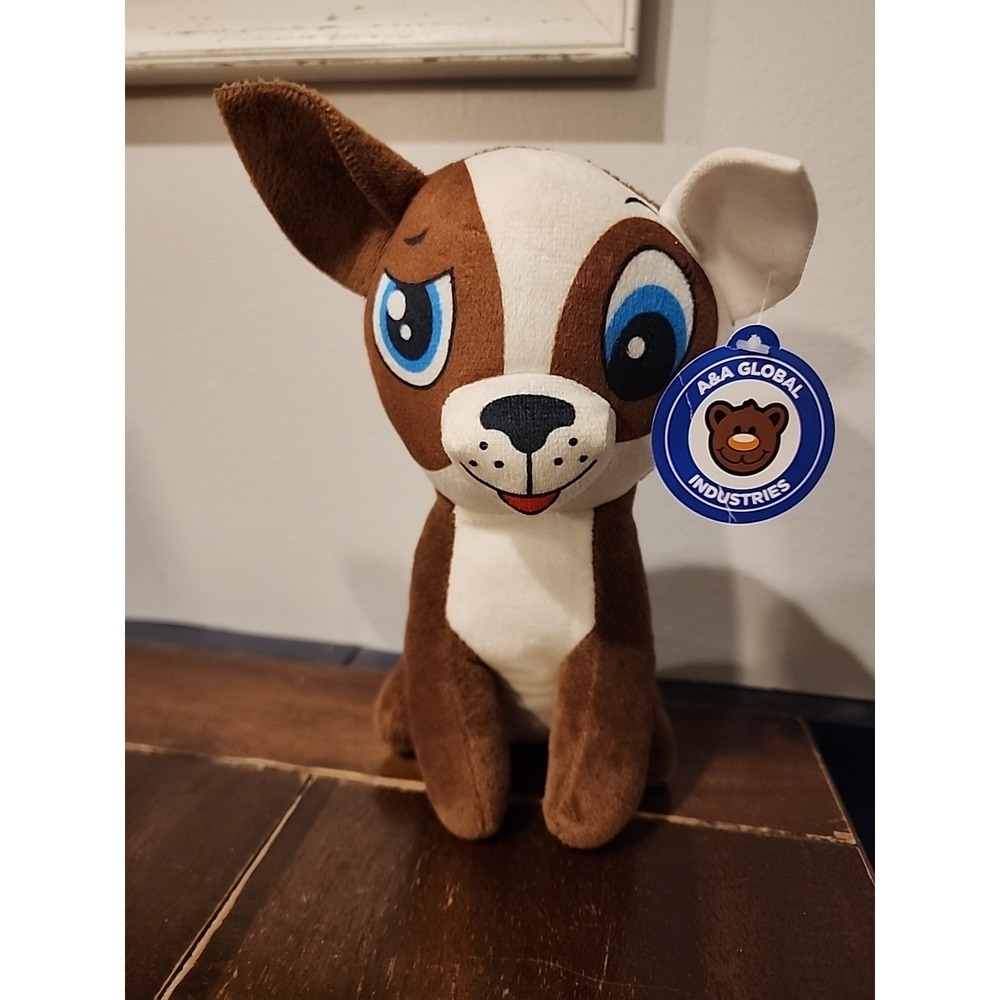 A&A Global Industries 9" Brown Plush Puppy Dog W/ Tag Blue Eyes Spot Terrier